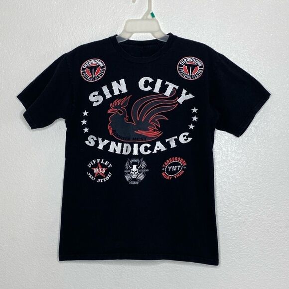 SIN CITY SYNDICATE Men’s Black T Shirt with Front and Back Prints Size M - Picture 1 of 4